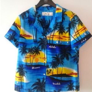 Vintage Mens M Casual Wear Hawaii Aloha sun set Royal Blue Shirt
